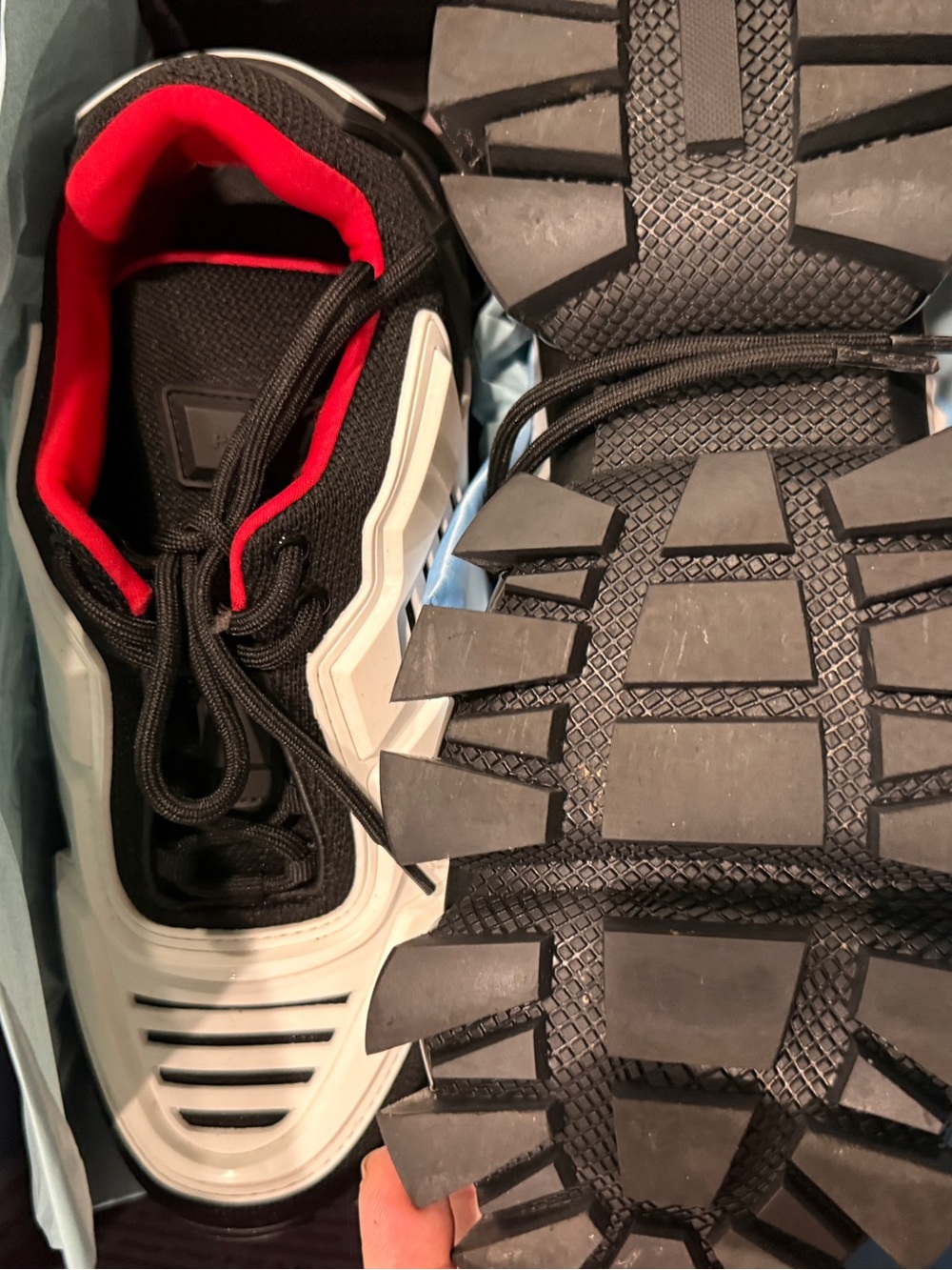 Prada  cloud buster black and white sneakers with red inside   new
